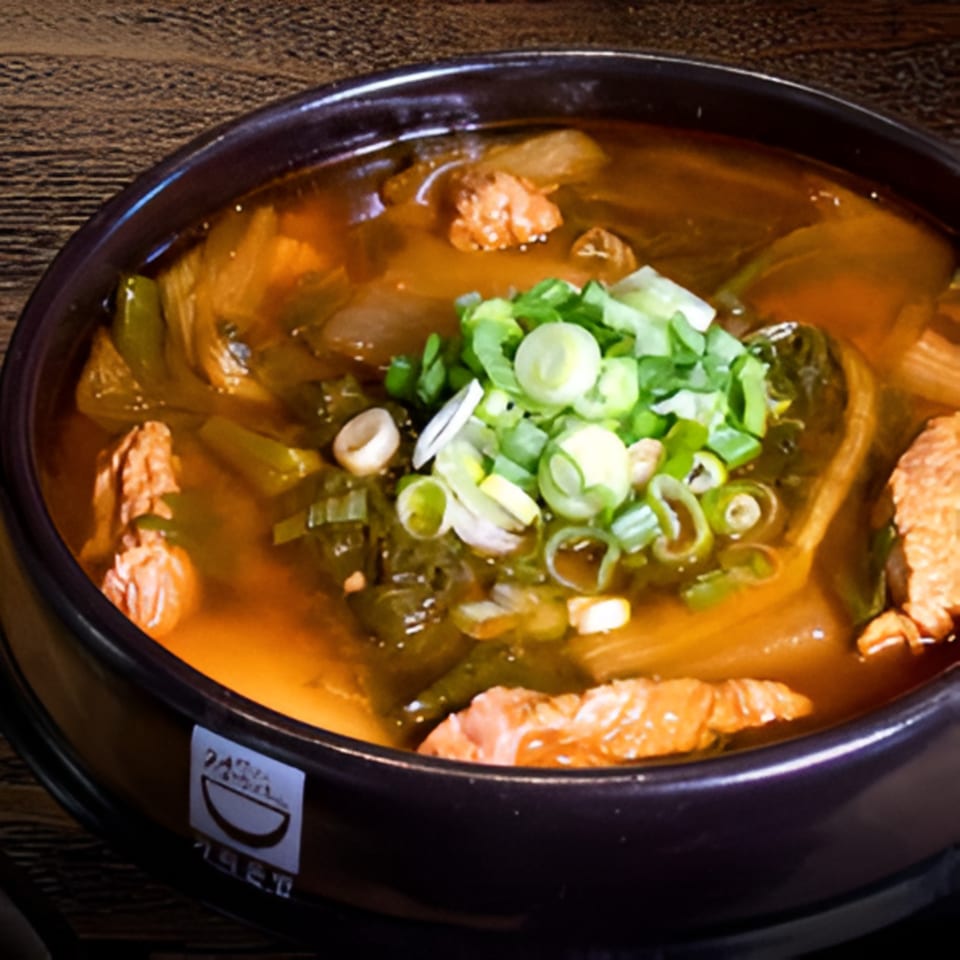Close-up of a Korean stew with meat, vegetables, and green onions in a black bowl.